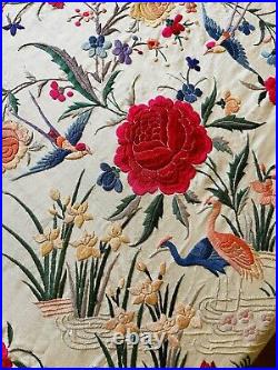 Antique 1800s Victorian Silk Floral Birds Embroidered Piano Shawl Hand Knotted