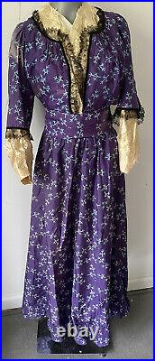 Antique 1850's Purple Patterned Silk Dress- Hand-Sewn, Black Lace N Velvet Trim