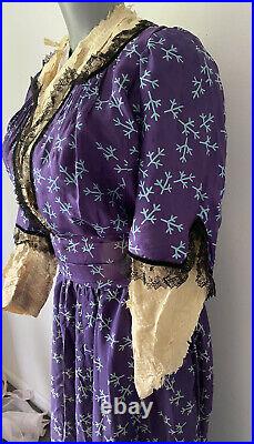 Antique 1850's Purple Patterned Silk Dress- Hand-Sewn, Black Lace N Velvet Trim