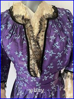 Antique 1850's Purple Patterned Silk Dress- Hand-Sewn, Black Lace N Velvet Trim