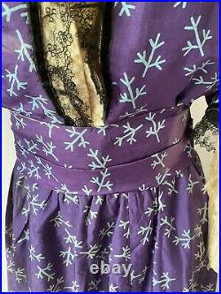 Antique 1850's Purple Patterned Silk Dress- Hand-Sewn, Black Lace N Velvet Trim