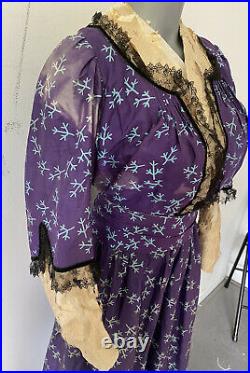 Antique 1850's Purple Patterned Silk Dress- Hand-Sewn, Black Lace N Velvet Trim