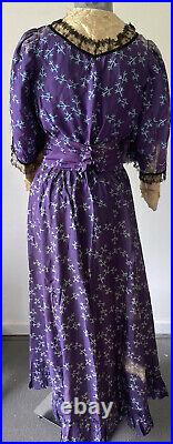 Antique 1850's Purple Patterned Silk Dress- Hand-Sewn, Black Lace N Velvet Trim