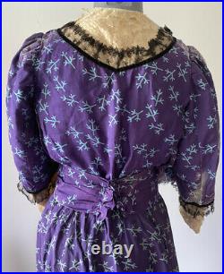 Antique 1850's Purple Patterned Silk Dress- Hand-Sewn, Black Lace N Velvet Trim