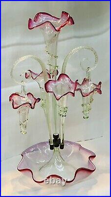 Antique 1880 Victorian Epergne Cranberry/Ruby Glass Center Trumpet & 4 Baskets