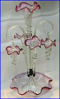 Antique 1880 Victorian Epergne Cranberry/Ruby Glass Center Trumpet & 4 Baskets