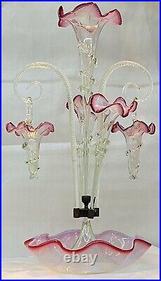 Antique 1880 Victorian Epergne Cranberry/Ruby Glass Center Trumpet & 4 Baskets