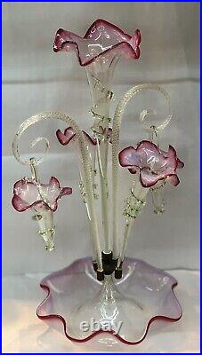 Antique 1880 Victorian Epergne Cranberry/Ruby Glass Center Trumpet & 4 Baskets