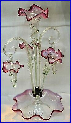 Antique 1880 Victorian Epergne Cranberry/Ruby Glass Center Trumpet & 4 Baskets