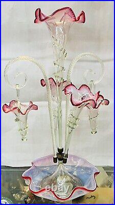 Antique 1880 Victorian Epergne Cranberry/Ruby Glass Center Trumpet & 4 Baskets