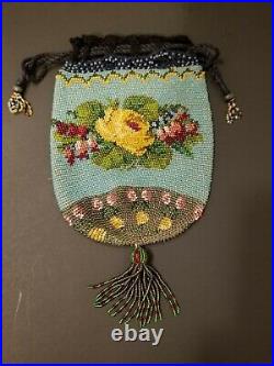 Antique 1880s Micro Bead Yellow Roses Drawstring Hand Bag 5 x 7 EUC