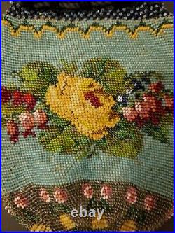 Antique 1880s Micro Bead Yellow Roses Drawstring Hand Bag 5 x 7 EUC