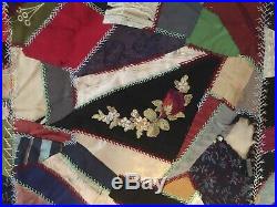 Antique 1880s Victorian Hand Stitched Silk Patchwork Crazy Quilt 68 X 66