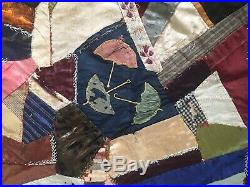 Antique 1880s Victorian Hand Stitched Silk Patchwork Crazy Quilt 68 X 66