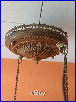 Antique 1880s Victorian Library Hanging Oil Lamp Hand Painted Floral Shade