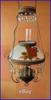 Antique 1880s Victorian Library Hanging Oil Lamp Hand Painted Floral Shade