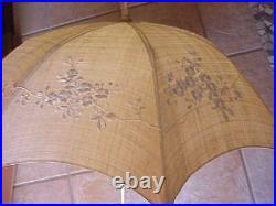 Antique 1890 Embroidered Raw Silk Parasol Hand Carved Butterfly Knob