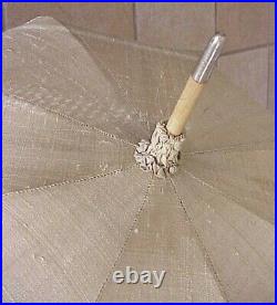 Antique 1890 Embroidered Raw Silk Parasol Hand Carved Butterfly Knob
