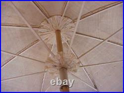 Antique 1890 Embroidered Raw Silk Parasol Hand Carved Butterfly Knob