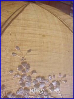 Antique 1890 Embroidered Raw Silk Parasol Hand Carved Butterfly Knob