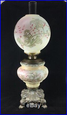 Antique 1890's Victorian Hand Painted Floral Oil Parlor Banquet GWTW Lamp