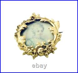 Antique 18K Gold Hand Painted Victorian Miniature Portrait Brooch Pin #391