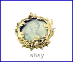 Antique 18K Gold Hand Painted Victorian Miniature Portrait Brooch Pin #391