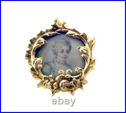 Antique 18K Gold Hand Painted Victorian Miniature Portrait Brooch Pin #391