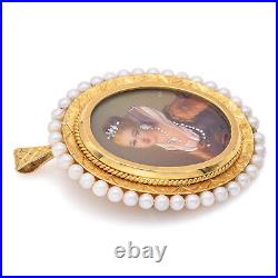 Antique 18K Gold Italy Sea Pearl & Diamond Hand Painted Portrait Brooch Pendant