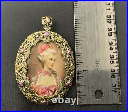 Antique 18K Vintage Hand Painted Victorian Portrait Pendant Brooch Italy