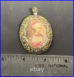 Antique 18K Vintage Hand Painted Victorian Portrait Pendant Brooch Italy