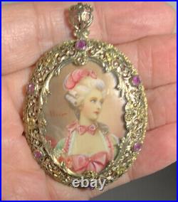 Antique 18K Vintage Hand Painted Victorian Portrait Pendant Brooch Italy