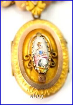 Antique 18 Victorian hand Painted Ceramic Double Photo Locket Necklace