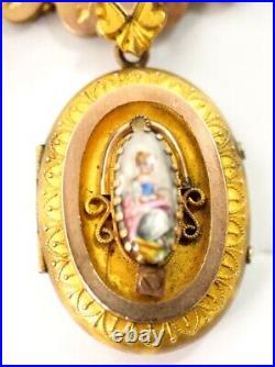 Antique 18 Victorian hand Painted Ceramic Double Photo Locket Necklace