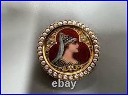 Antique 18k Gold Hand Enamel Portrait & Old Cut Pearl Frame Pin Brooch Unique