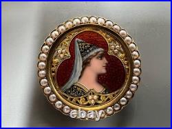 Antique 18k Gold Hand Enamel Portrait & Old Cut Pearl Frame Pin Brooch Unique
