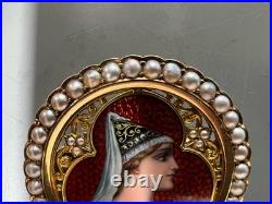 Antique 18k Gold Hand Enamel Portrait & Old Cut Pearl Frame Pin Brooch Unique