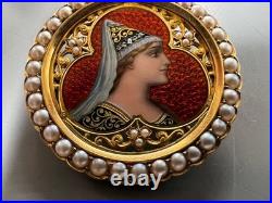 Antique 18k Gold Hand Enamel Portrait & Old Cut Pearl Frame Pin Brooch Unique