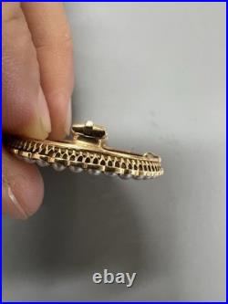 Antique 18k Gold Hand Enamel Portrait & Old Cut Pearl Frame Pin Brooch Unique