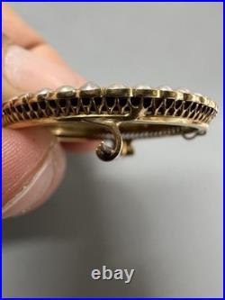 Antique 18k Gold Hand Enamel Portrait & Old Cut Pearl Frame Pin Brooch Unique