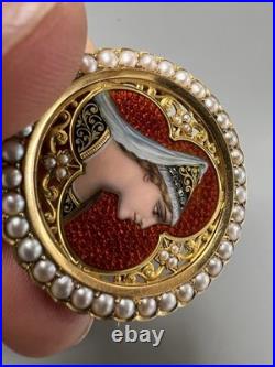 Antique 18k Gold Hand Enamel Portrait & Old Cut Pearl Frame Pin Brooch Unique