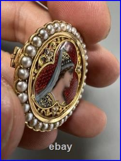 Antique 18k Gold Hand Enamel Portrait & Old Cut Pearl Frame Pin Brooch Unique
