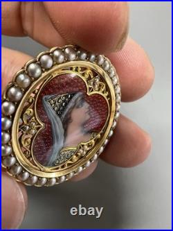 Antique 18k Gold Hand Enamel Portrait & Old Cut Pearl Frame Pin Brooch Unique