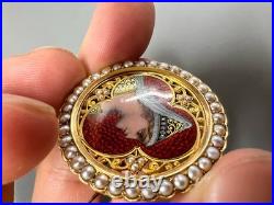 Antique 18k Gold Hand Enamel Portrait & Old Cut Pearl Frame Pin Brooch Unique