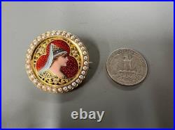 Antique 18k Gold Hand Enamel Portrait & Old Cut Pearl Frame Pin Brooch Unique
