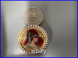 Antique 18k Gold Hand Enamel Portrait & Old Cut Pearl Frame Pin Brooch Unique