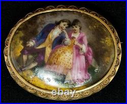 Antique 18k Gold Pin 1800's Victorian Portrait European Hand Painted