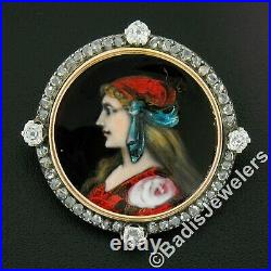 Antique 18k Gold Silver Hand Enamel Portrait & Old Cut Diamond Frame Pin Brooch