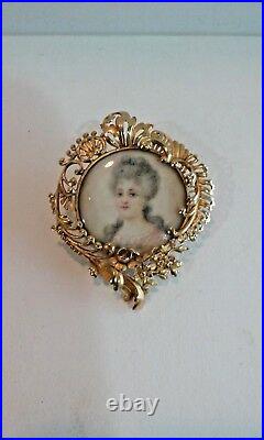 Antique 18k Yellow Gold Hand Painted Victorian Miniature Brooch Pin