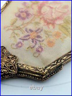 Antique 1900 Victorian Filigree Floral Bouquet Ornate Gold Tone Hand Mirror 12½